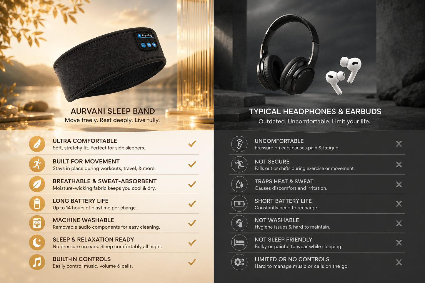 AURVANI™ Wireless Bluetooth Sleep Headband with Integrated Earphones and Soft Eye Mask Design